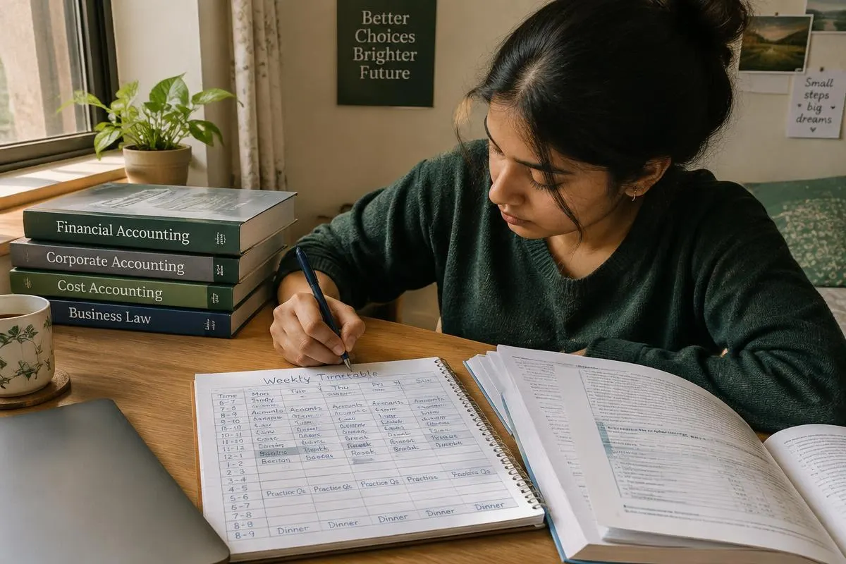 Commerce student writing a weekly timetable next to accounting books